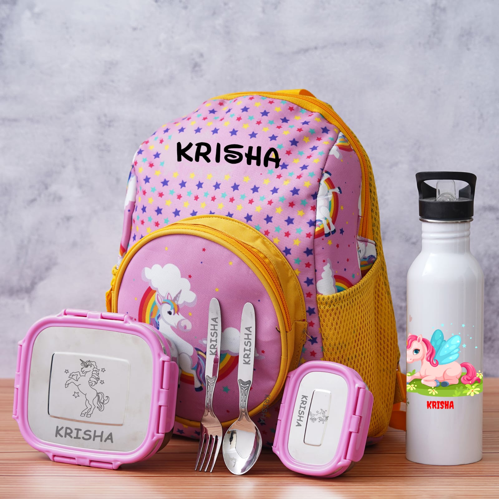 Junior Personalised Kids Bag Full Combo With Lunch Box, Bottle and Spo