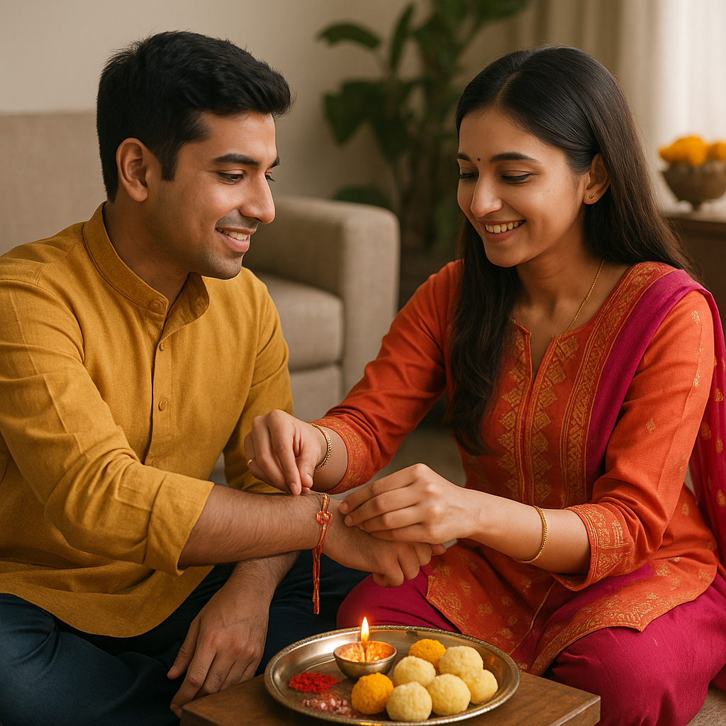 Creative Rakhi celebration illustration showing brother-sister bond with personalized gifts and Indian festive vibes