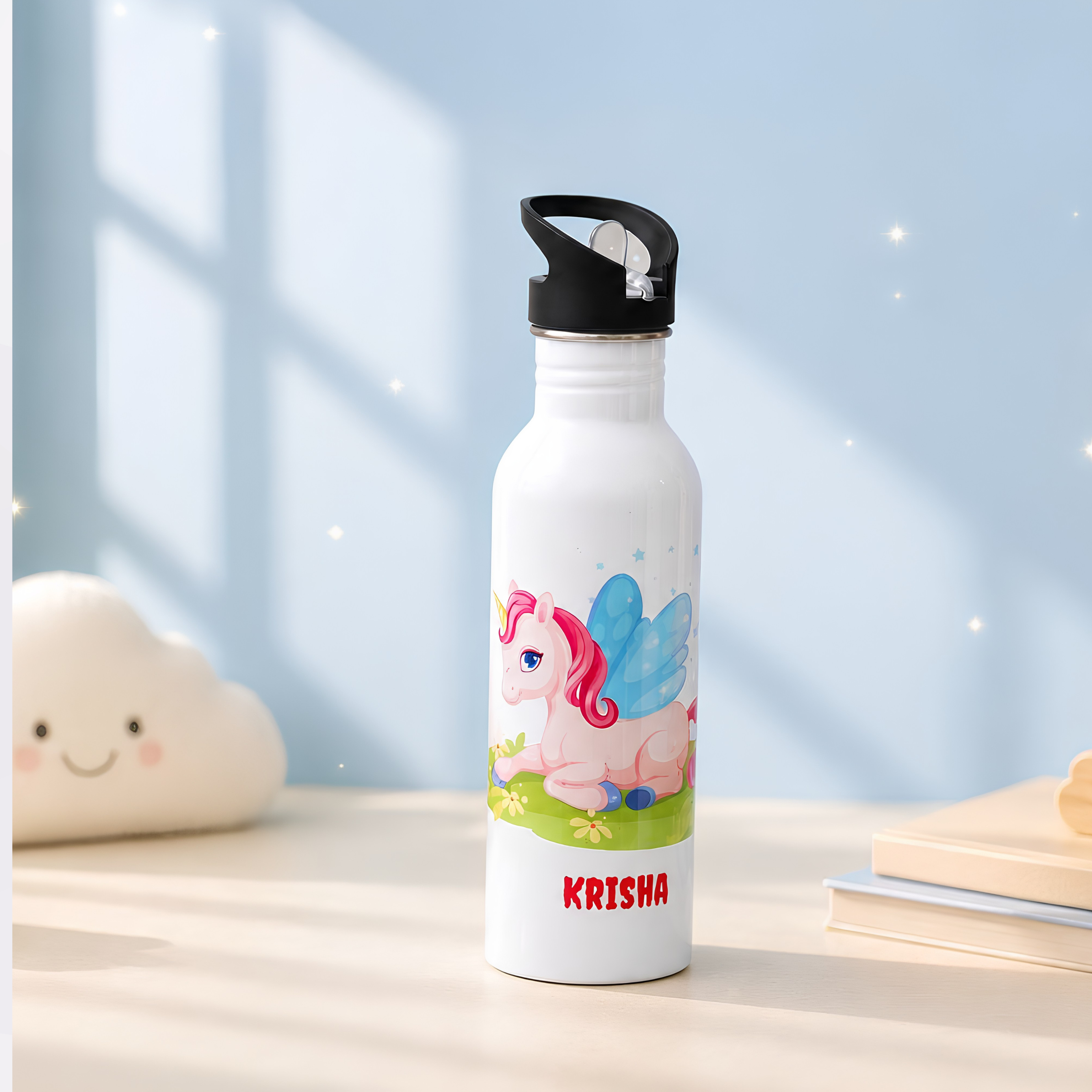 Personalised kids sipper bottle 750ml with name, leak-proof sipper lid and fun cartoon theme designs for school, travel, daycare, summer camp and daily hydration