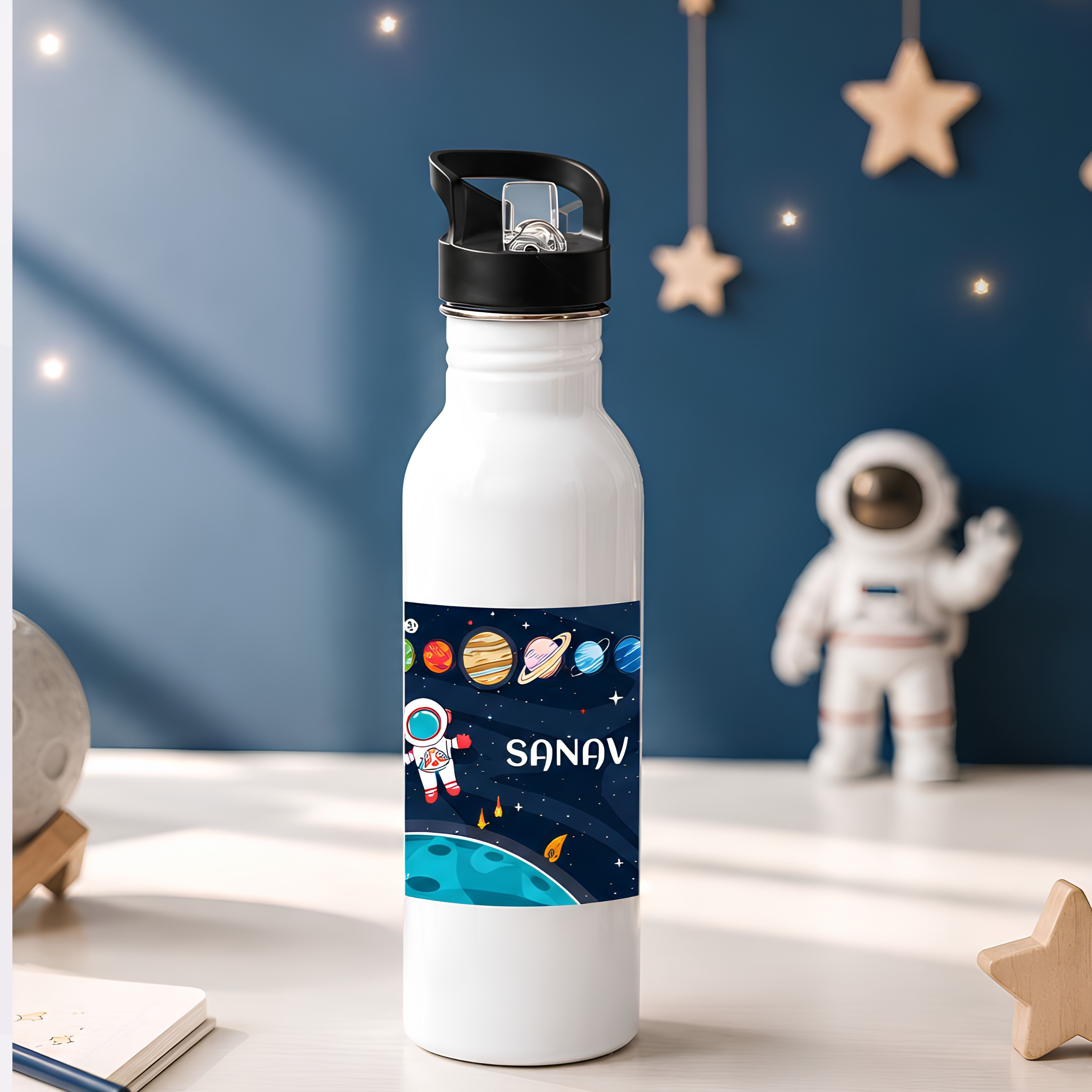 Personalised kids sipper bottle 750ml with name, leak-proof sipper lid and fun cartoon theme designs for school, travel, daycare, summer camp and daily hydration