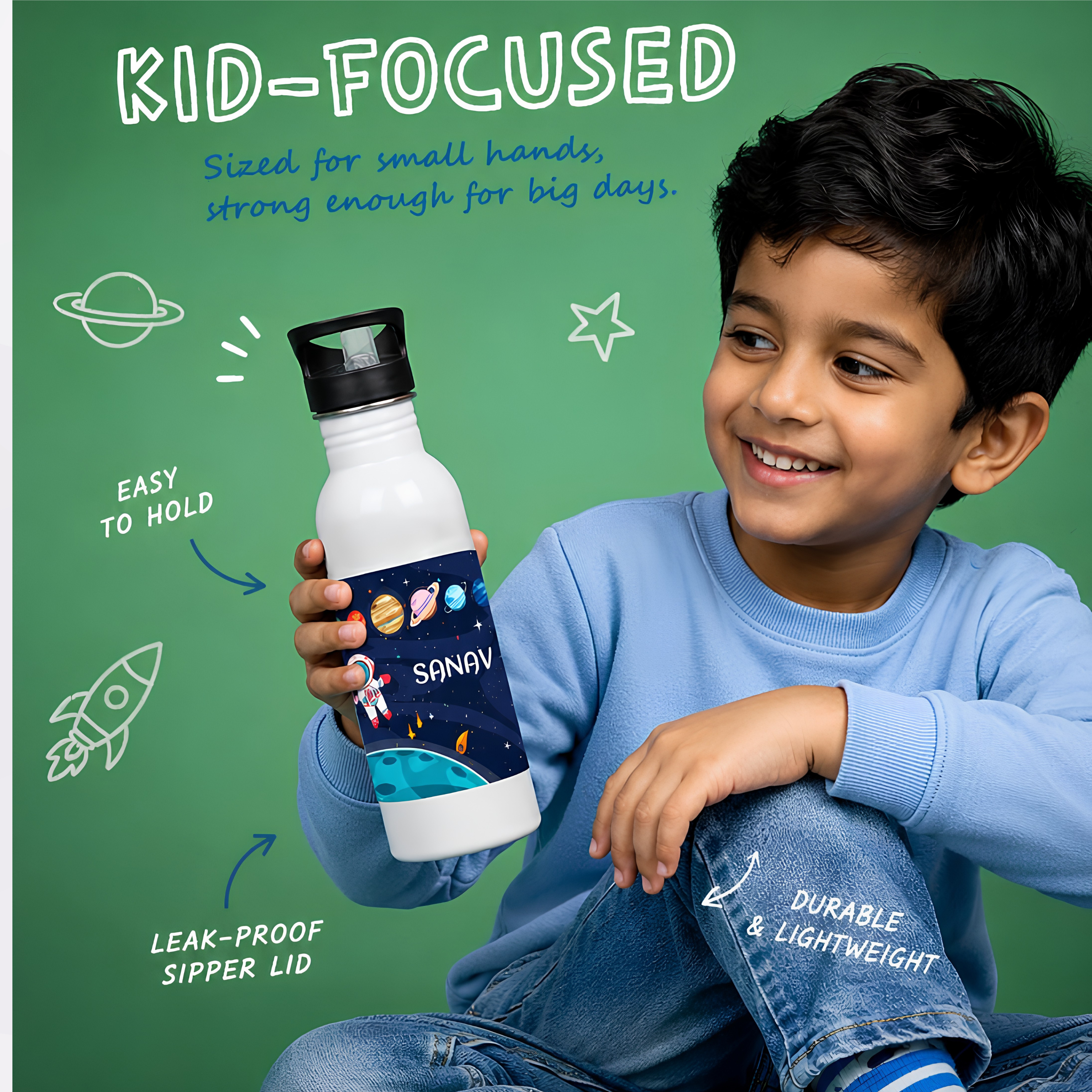 Personalised kids sipper bottle 750ml with name, leak-proof sipper lid and fun cartoon theme designs for school, travel, daycare, summer camp and daily hydration