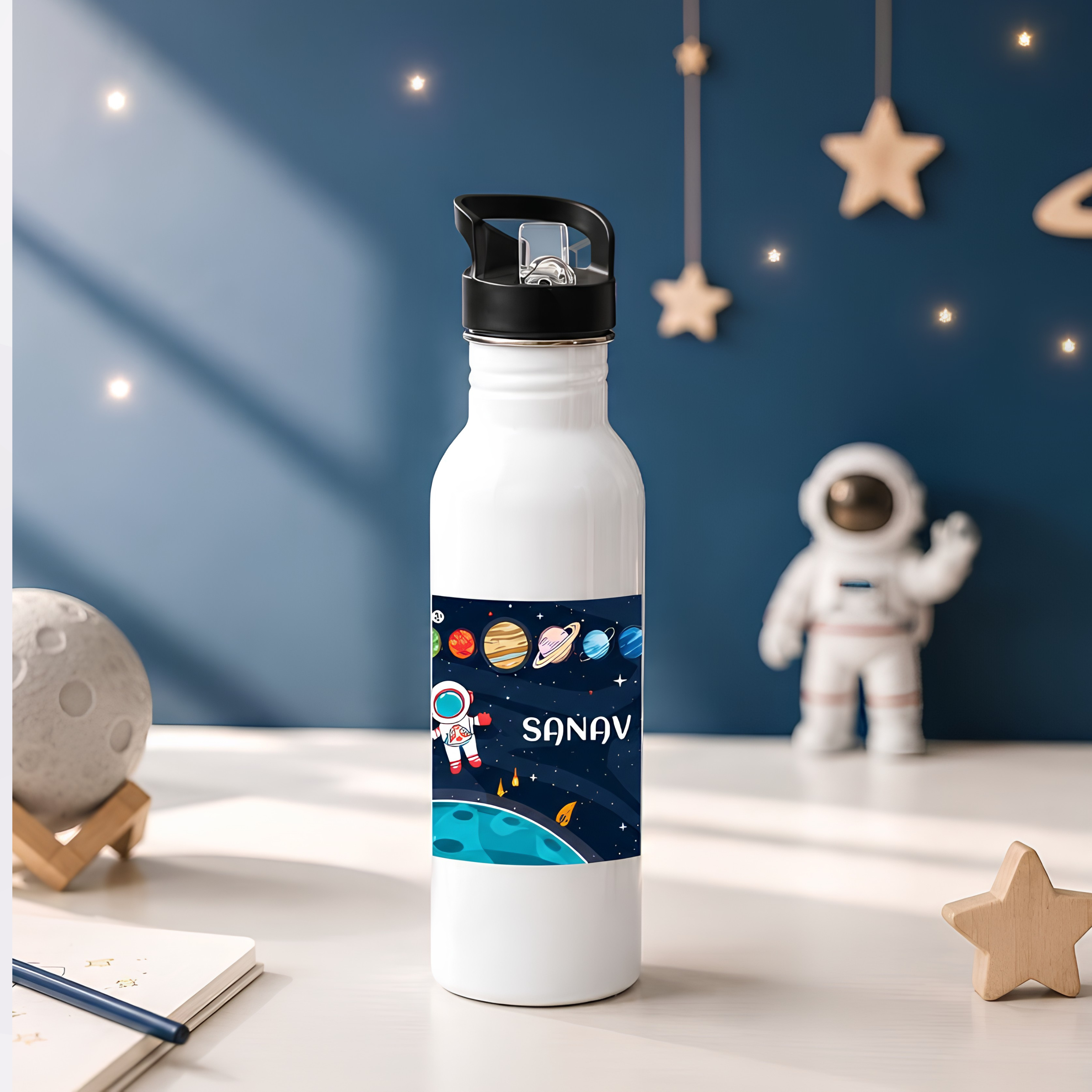 Personalised kids sipper bottle 750ml with name, leak-proof sipper lid and fun cartoon theme designs for school, travel, daycare, summer camp and daily hydration