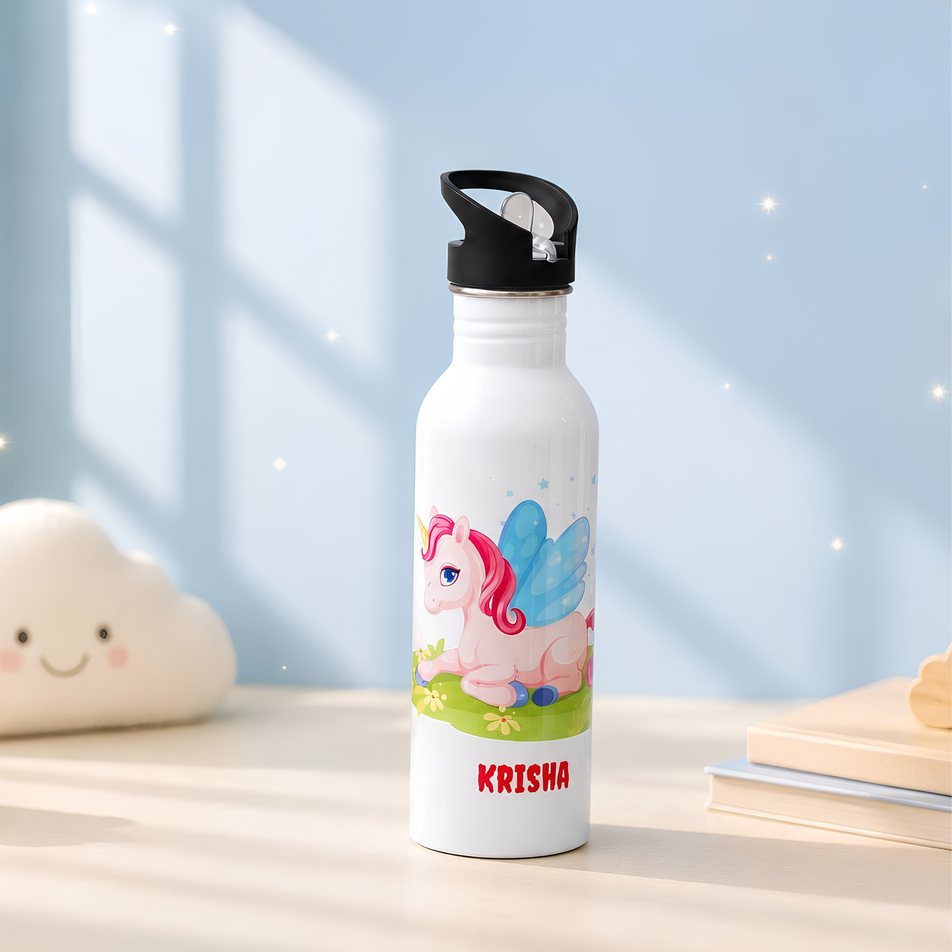 Personalised kids sipper bottle 750ml with name, leak-proof sipper lid and fun cartoon theme designs for school, travel, daycare, summer camp and daily hydration