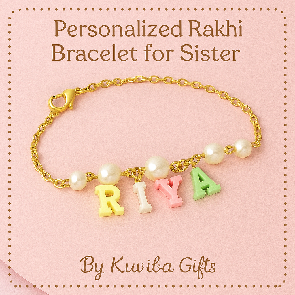A personalized name bracelet for sister with hanging pearls and pastel letters spelling "RIYA", designed as a Rakhi gift