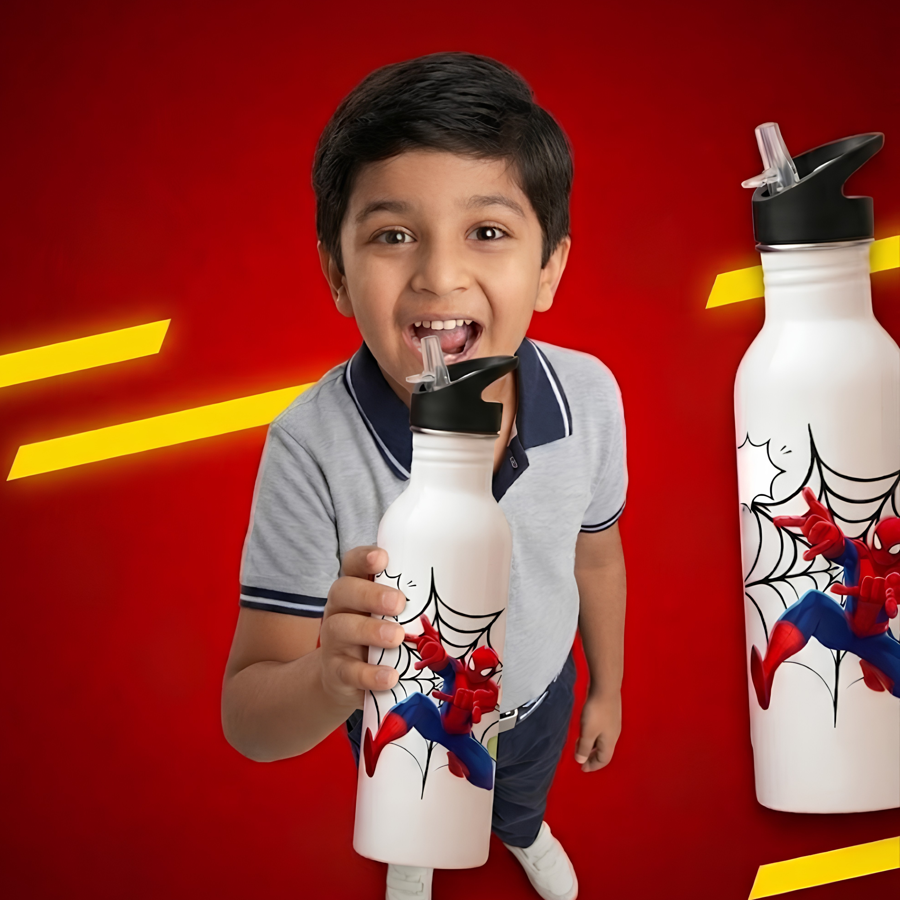 Personalised kids sipper bottle 750ml with name, leak-proof sipper lid and fun cartoon theme designs for school, travel, daycare, summer camp and daily hydration
