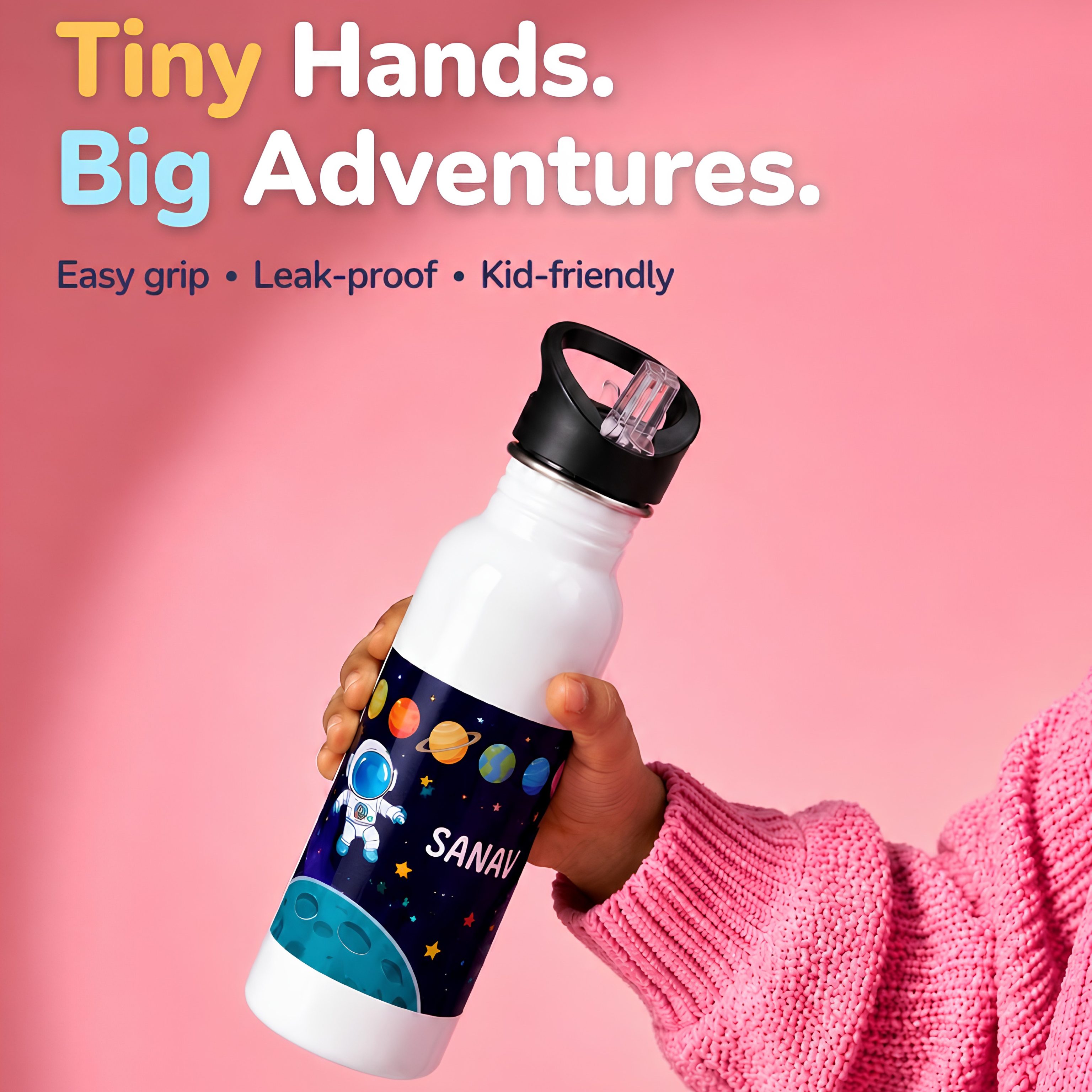 Personalised kids sipper bottle 750ml with name, leak-proof sipper lid and fun cartoon theme designs for school, travel, daycare, summer camp and daily hydration