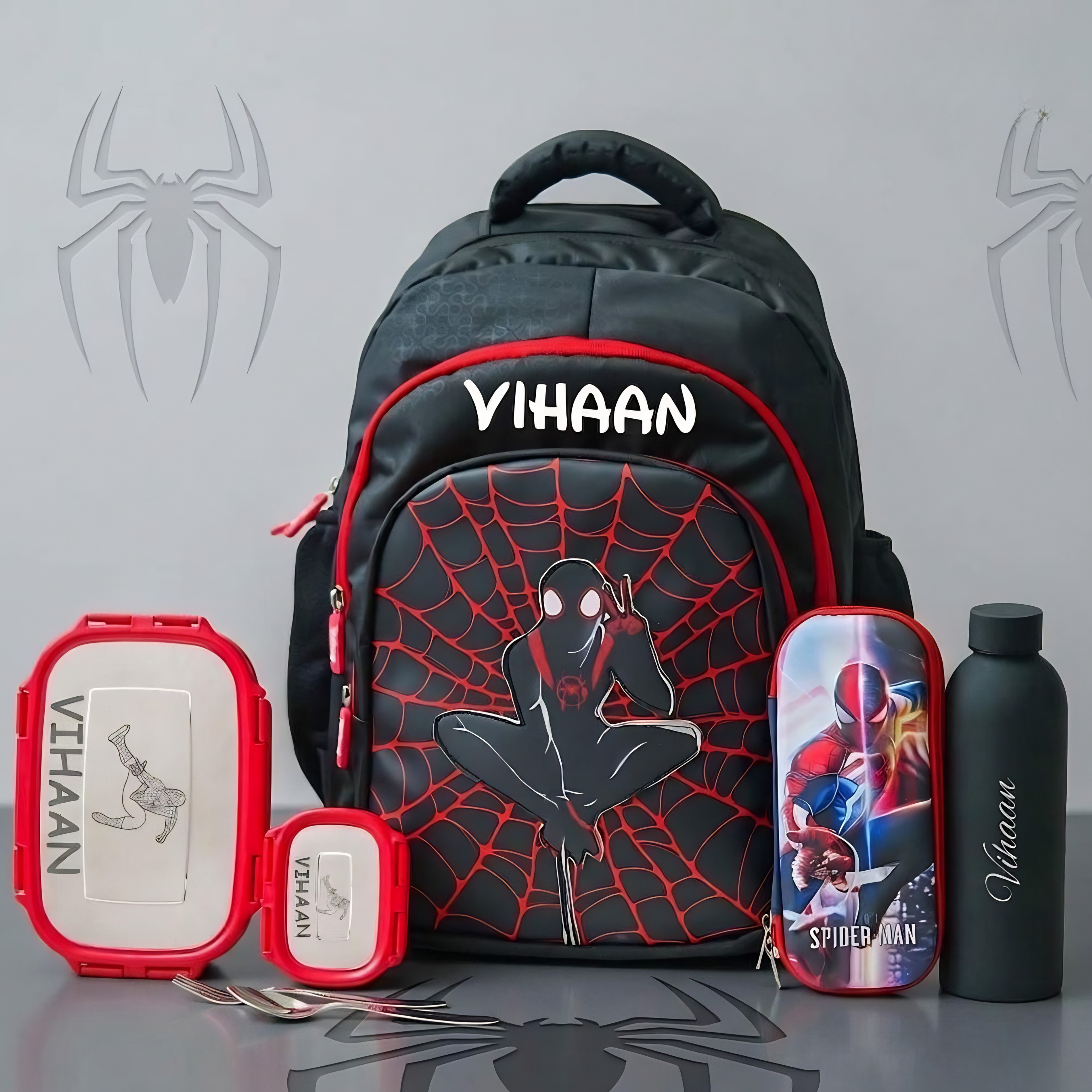 personalised kids school bag combo with lunch box bottle and pencil case – superhero theme backpack set by Kuviba