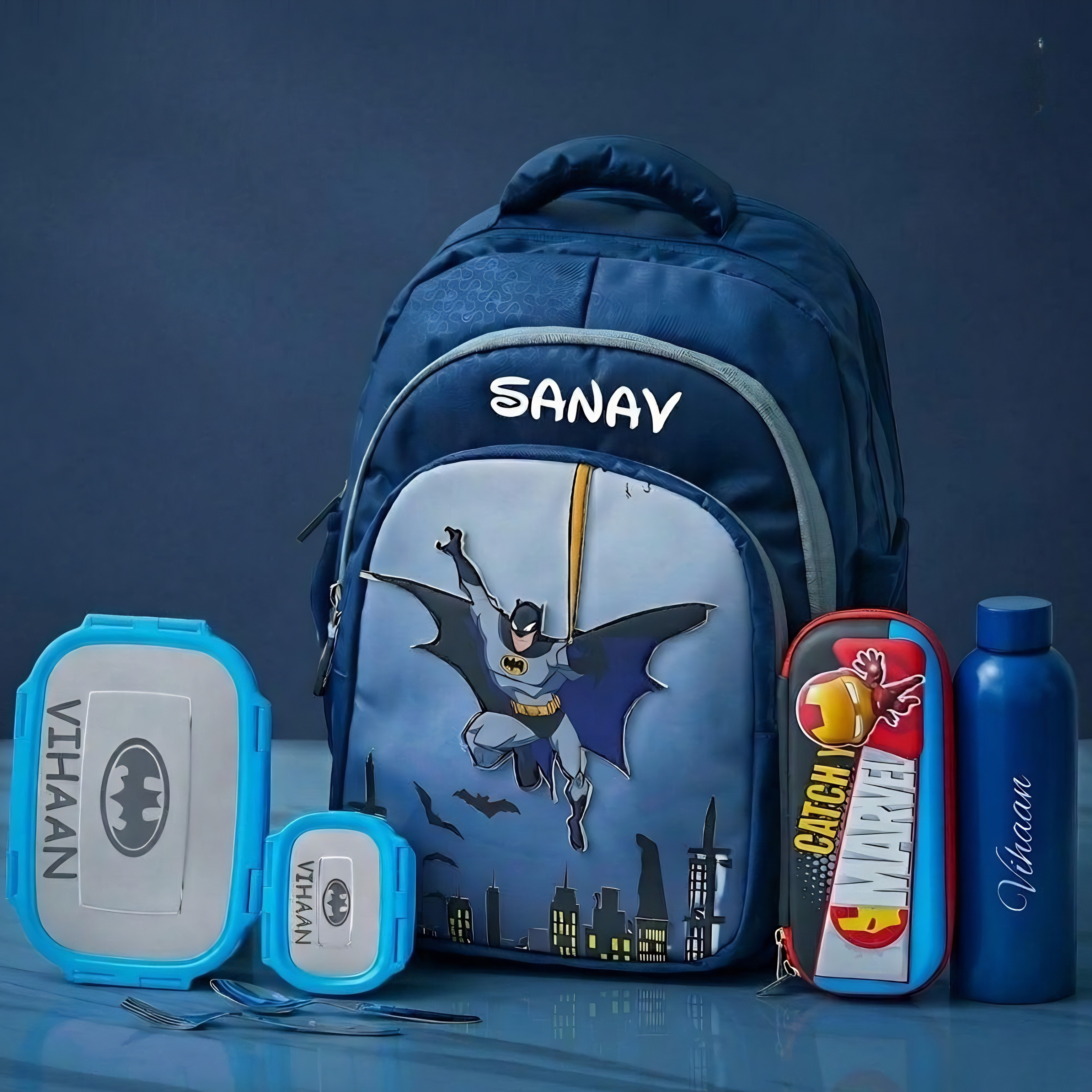 personalised kids school bag combo with lunch box bottle and pencil case – superhero theme backpack set by Kuviba