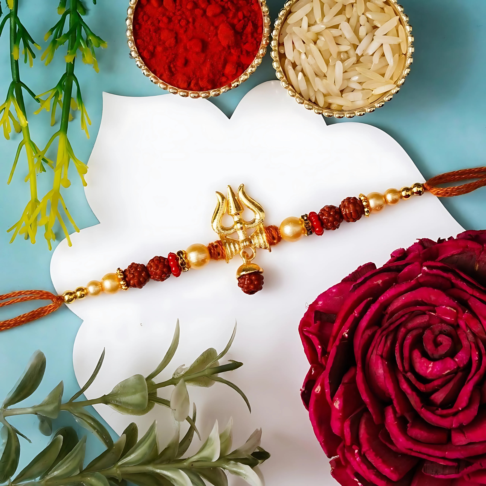 Trishul Rakhi with gold-plated Shiva trident, Rudraksha beads, and pearl accents on saffron thread with festive decor.