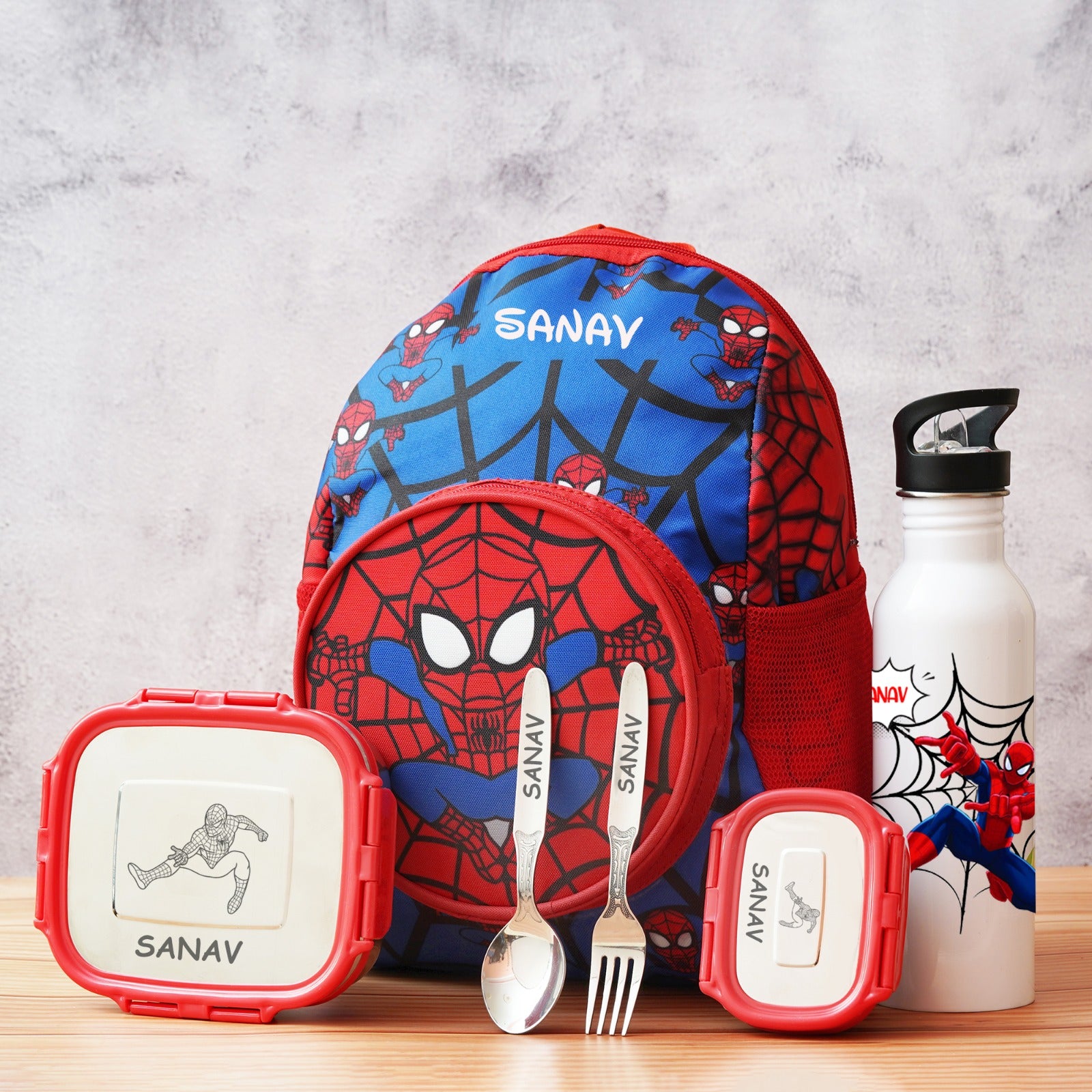 Junior Personalised Kids Bag Full Combo With Lunch Box, Bottle and Spoon