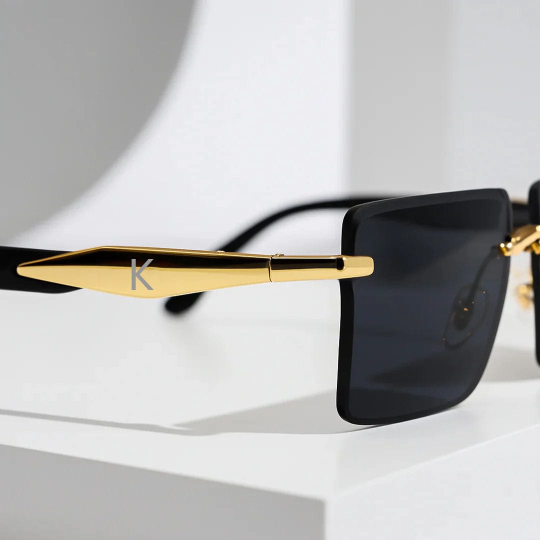Side angle of personalized sunglasses with custom initial on gold temple arms – Rakhi gifting special