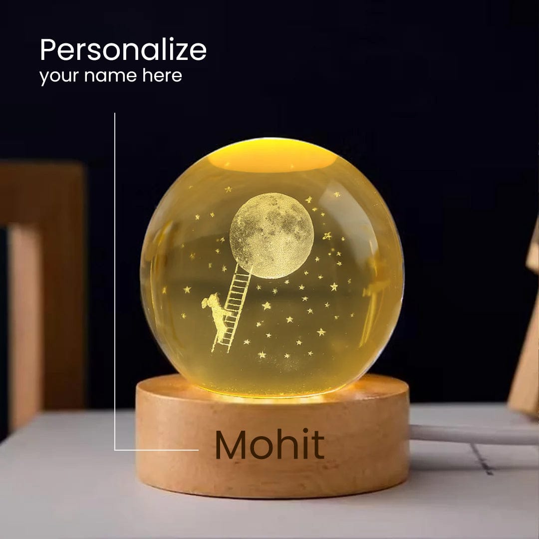 Personalized Starry Night Globe Lamp glowing with moon and stars design on wooden base – name “Mohit” engraved