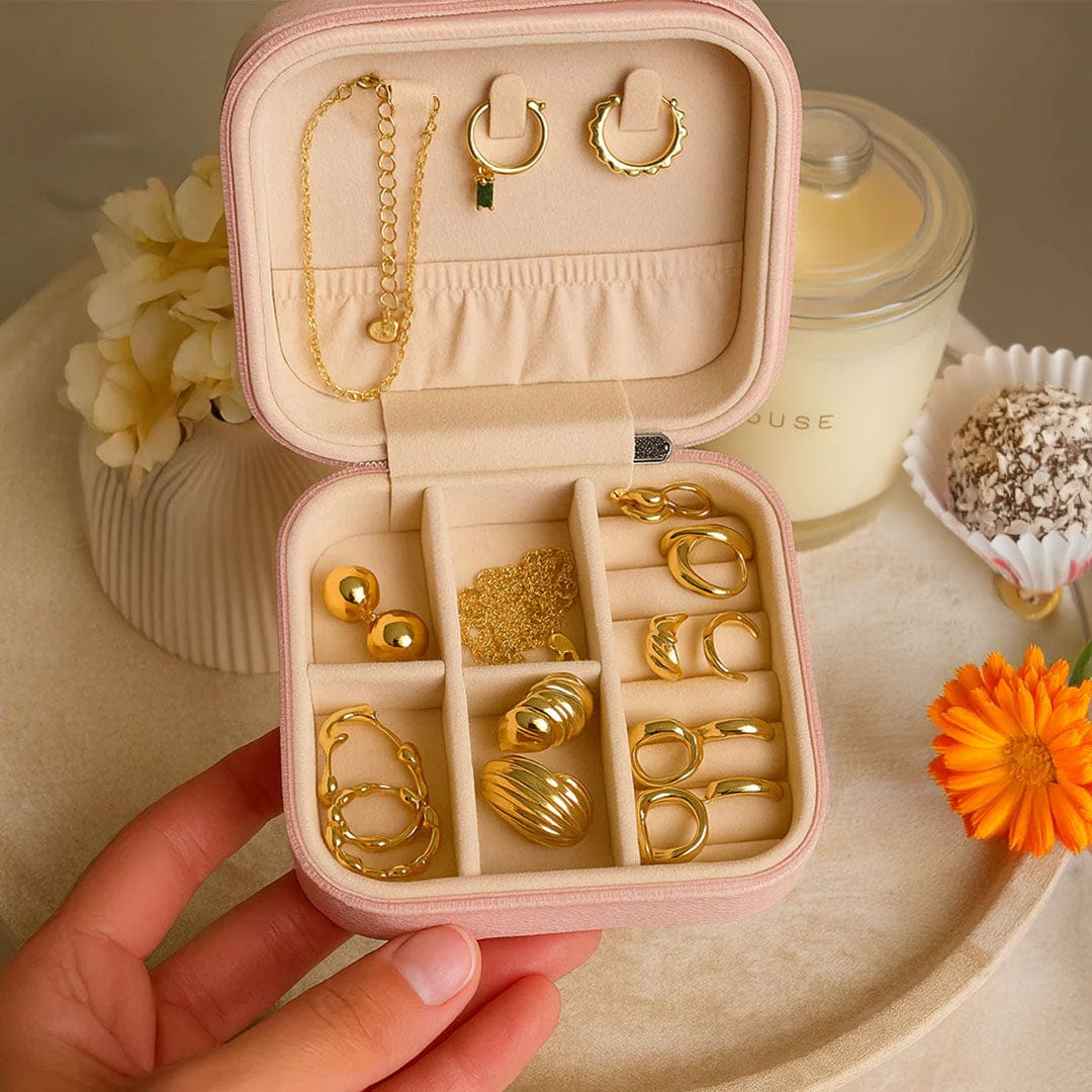 Fully-loaded personalized jewellery case filled with gold earrings, rings, and accessories – perfect Rakhi gift